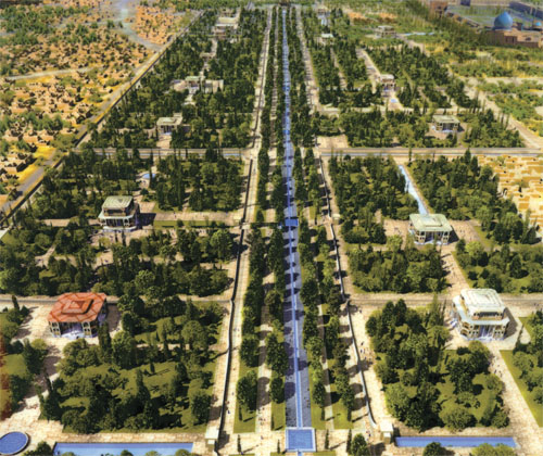 Grafička rekonstrukcija Chahar Bagha u Isfahanu. Veza između starijih gradskih četvrti i novih rezidencijalnih četvrti koju je izgradio šah Abas bila je veličanstvena avenija s drvoredima nazvana Chahar Bagh: počinjala je na Maidanu, glavnom gradskom trgu Naqsh-e Jahanu i vodila do rijeke Zayandeh. Ovaj četiri kilometra dugačak park, najveći u iranskoj arhitektonskoj povijesti, koristio se kao javni prostor za odmor. Chahar Bagh se nastavljao i preko jedinstvenog i kolosalnog mosta poznatog kao Si-o-se pol kojim je uspostavljena veza s armenskom enklavom Nova Julfa, palačama safavidske elite te palačom u Abbasabadu. Inače, Chahar Bagh je izrazito iranski nacrt vrta koji je kopiran u palači Alhambra u Španjolskoj i Taj Mahalu u Indiji.
