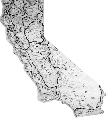 Karta Kalifornije s prikazom raspodjele indijanskih teritorija. Pleme Yana živjelo je u sjevernom dijelu.