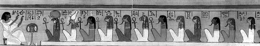 Detalj s papirusa pisara Hunefera prikazuje 11 od 42 božanstva koji prisustvuju  suđenju duši umrlog.